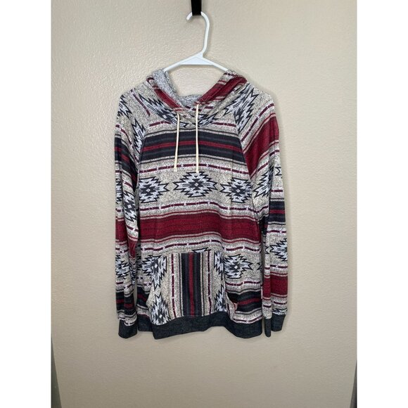 Brooklyn Cloth Mens Aztec Striped Pullover Hoodie M Red Gray Polyester Pocket - Picture 1 of 7